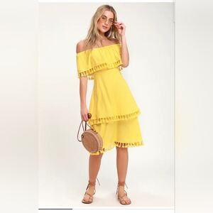 Pensacola Yellow Off-the-Shoulder Tasseled Midi Dress